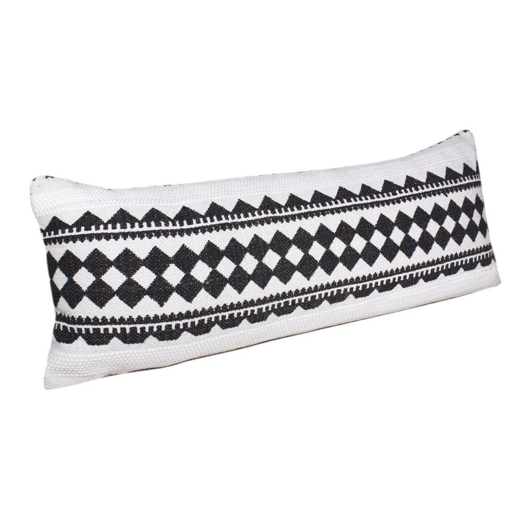 14" X 36" Black And Ivory Lumbar Geometric Cotton Blend Throw Pillow Cover