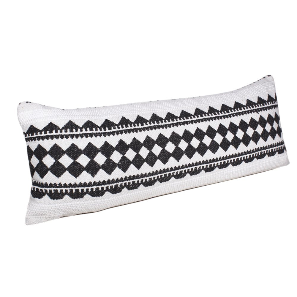 14" X 36" Black And Ivory Lumbar Geometric Cotton Blend Throw Pillow Cover