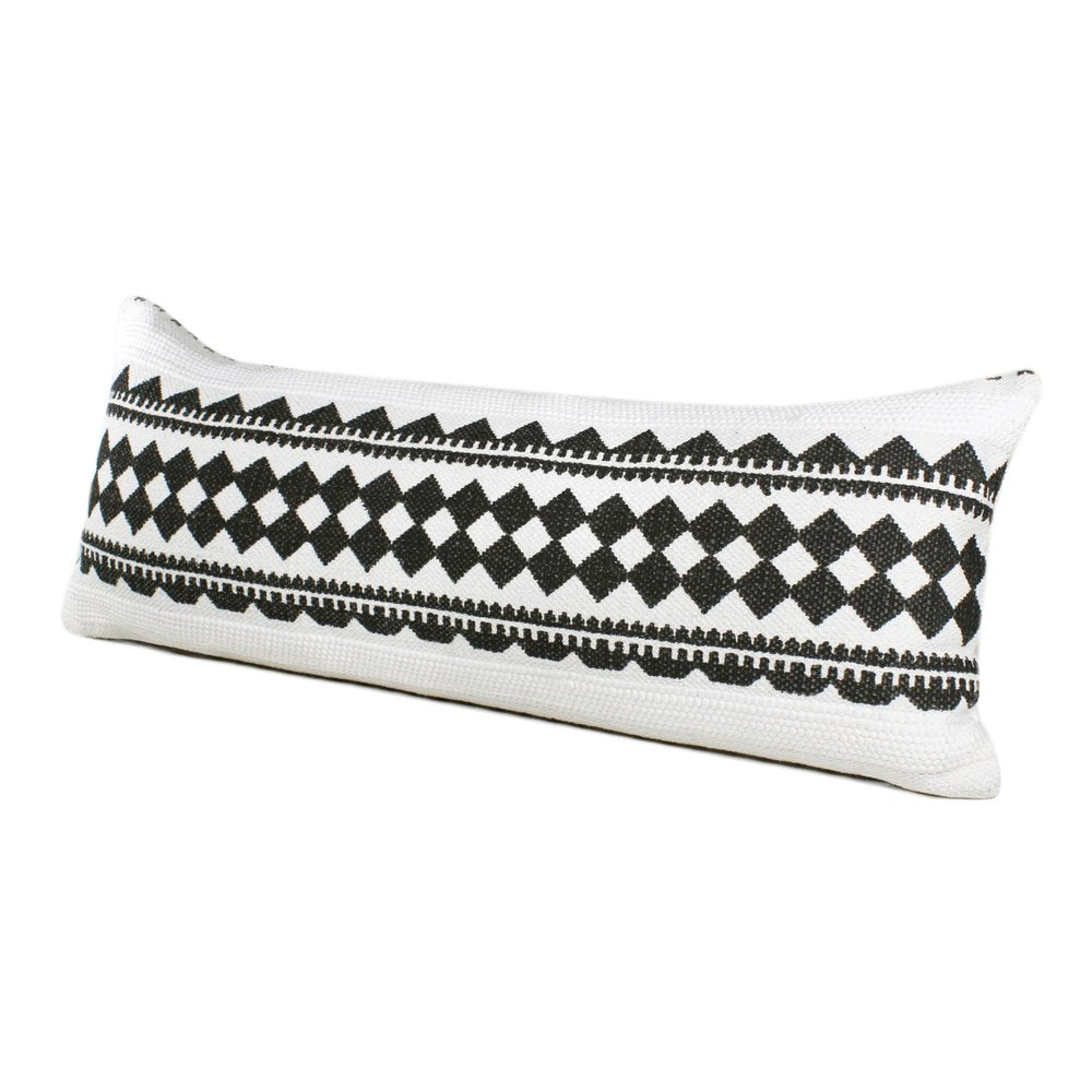 14" X 36" Black And Ivory Lumbar Geometric Cotton Blend Throw Pillow Cover