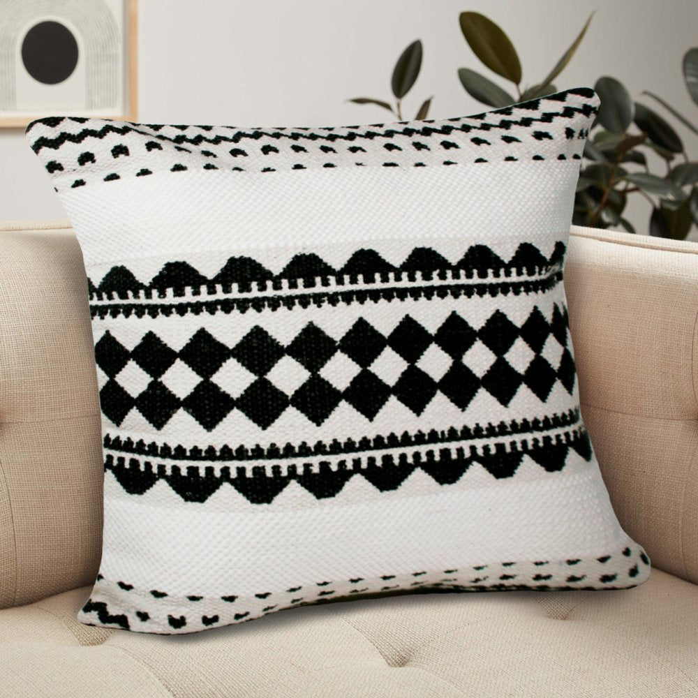 20" Black And White Geometric Cotton Blend Throw Pillow Cover