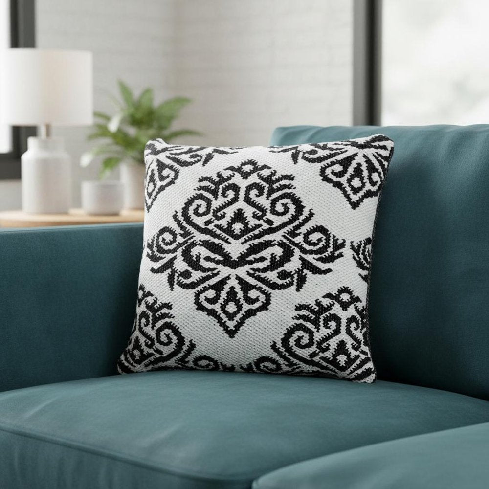 20" White And Black Medallion Cotton Blend Throw Pillow Cover