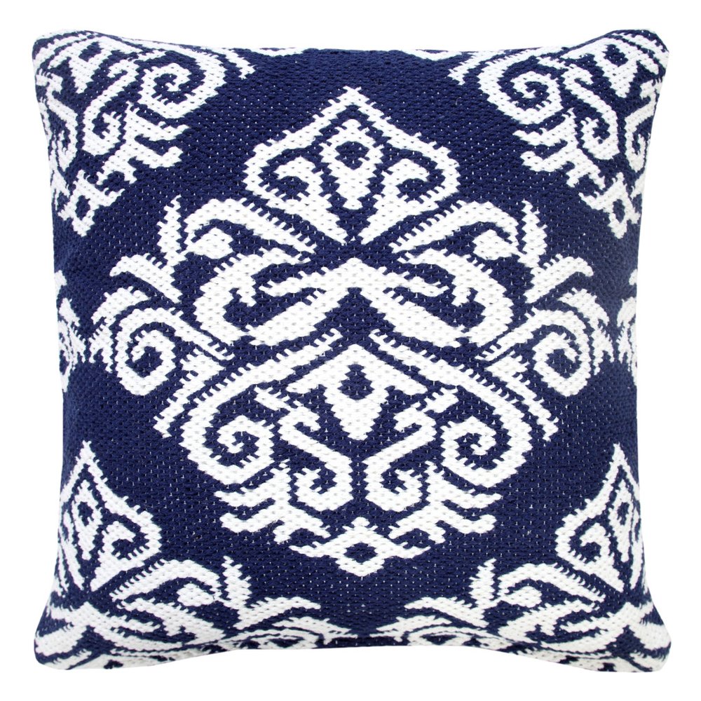 20" Blue And White Medallion Cotton Blend Throw Pillow Cover