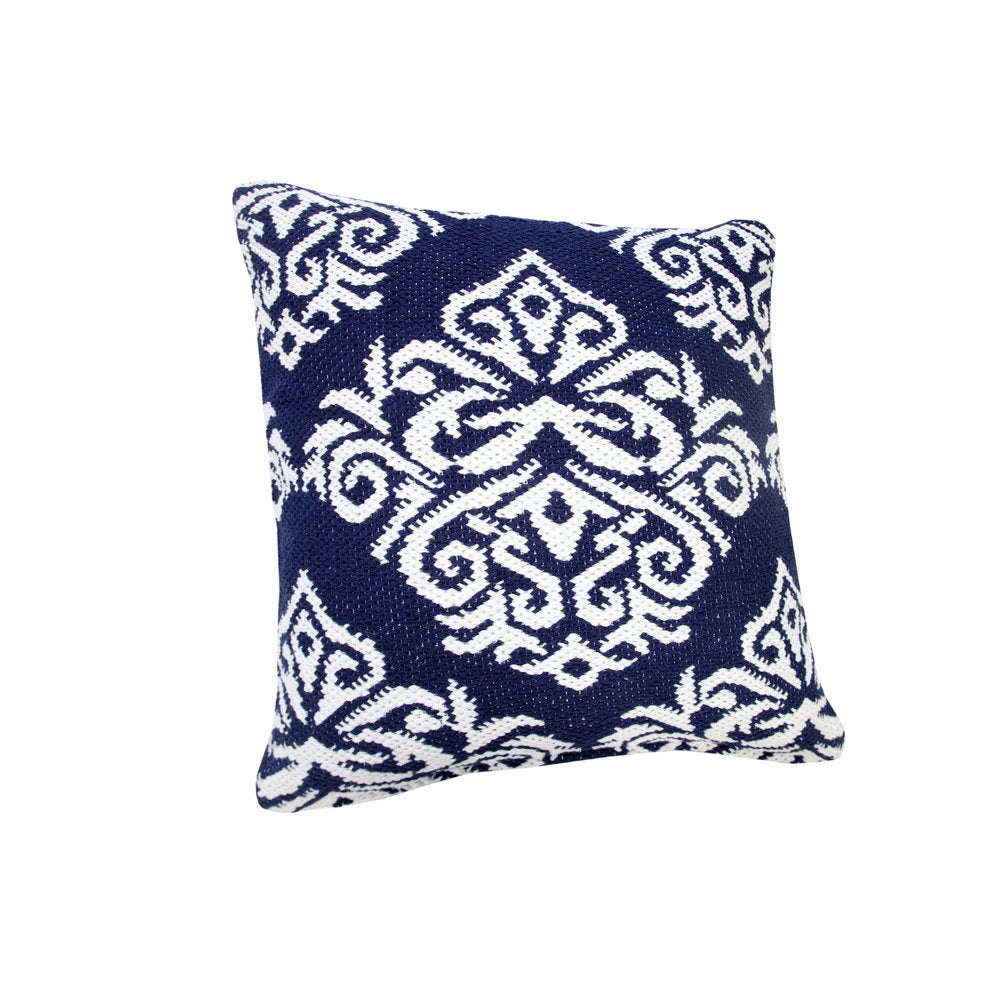 20" Blue And White Medallion Cotton Blend Throw Pillow Cover