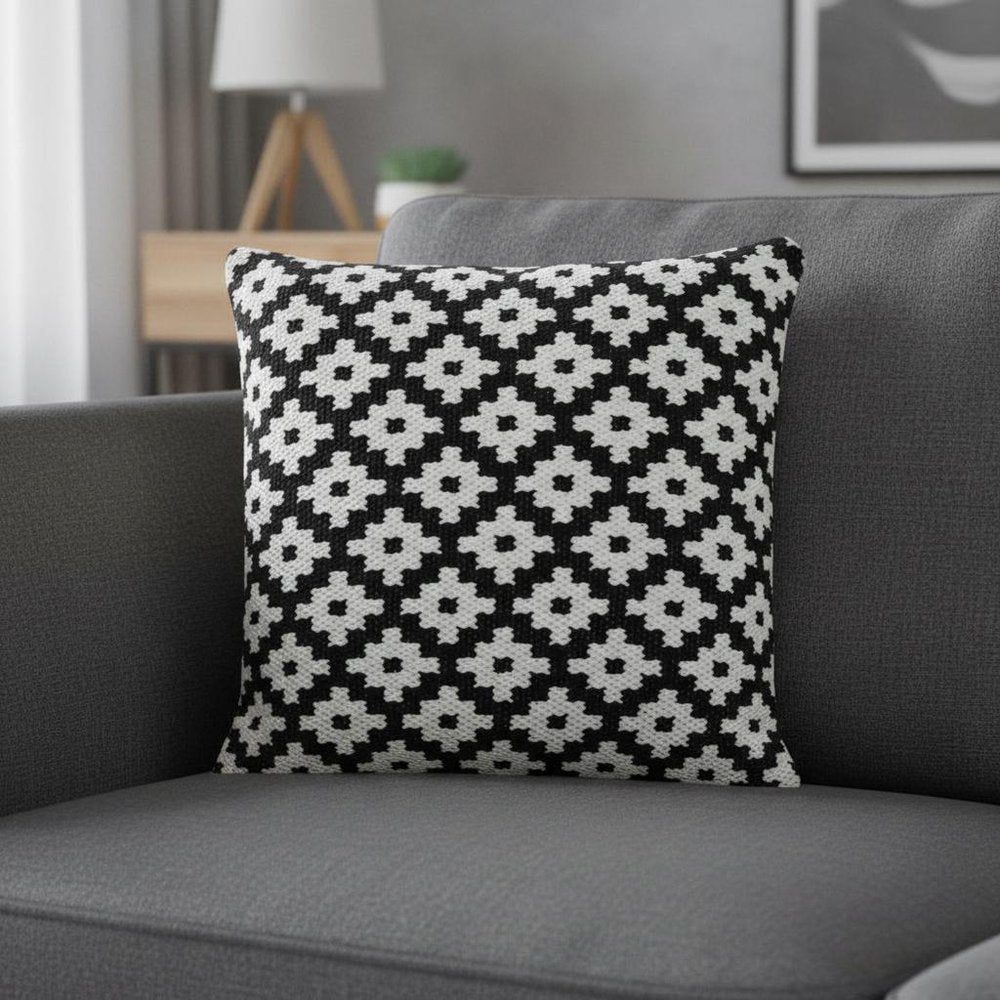 20" Black And White Diamond Cotton Blend Throw Pillow Cover