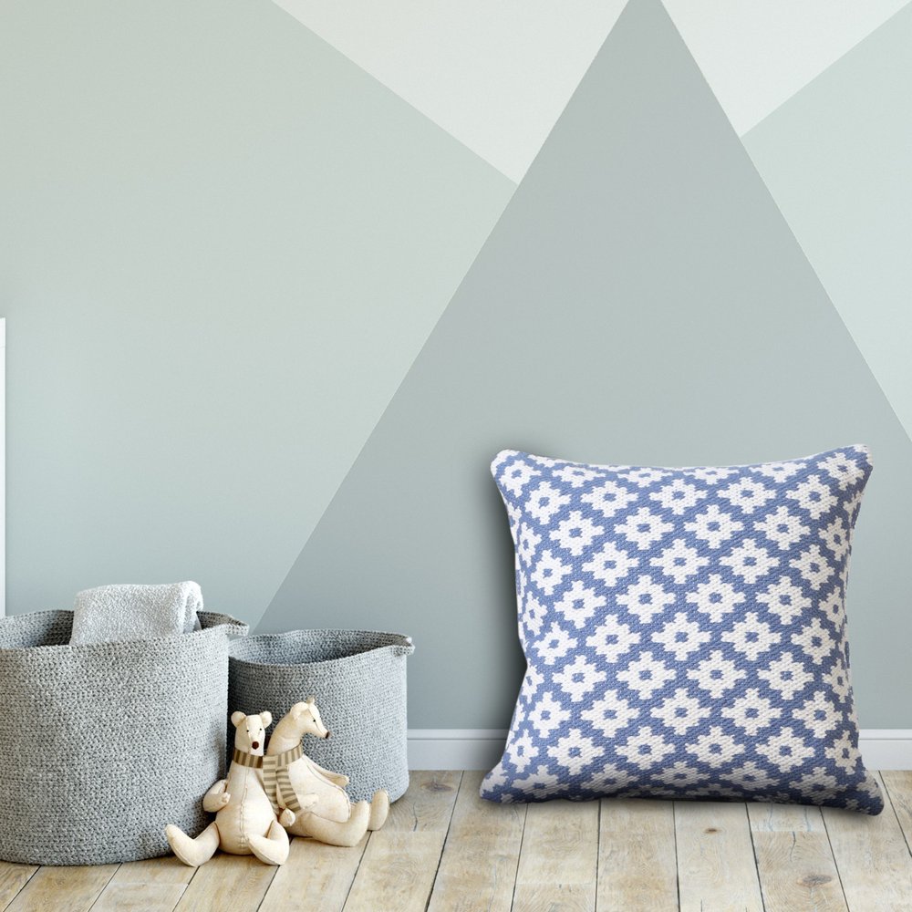 20" Blue And White Diamond Cotton Blend Throw Pillow Cover