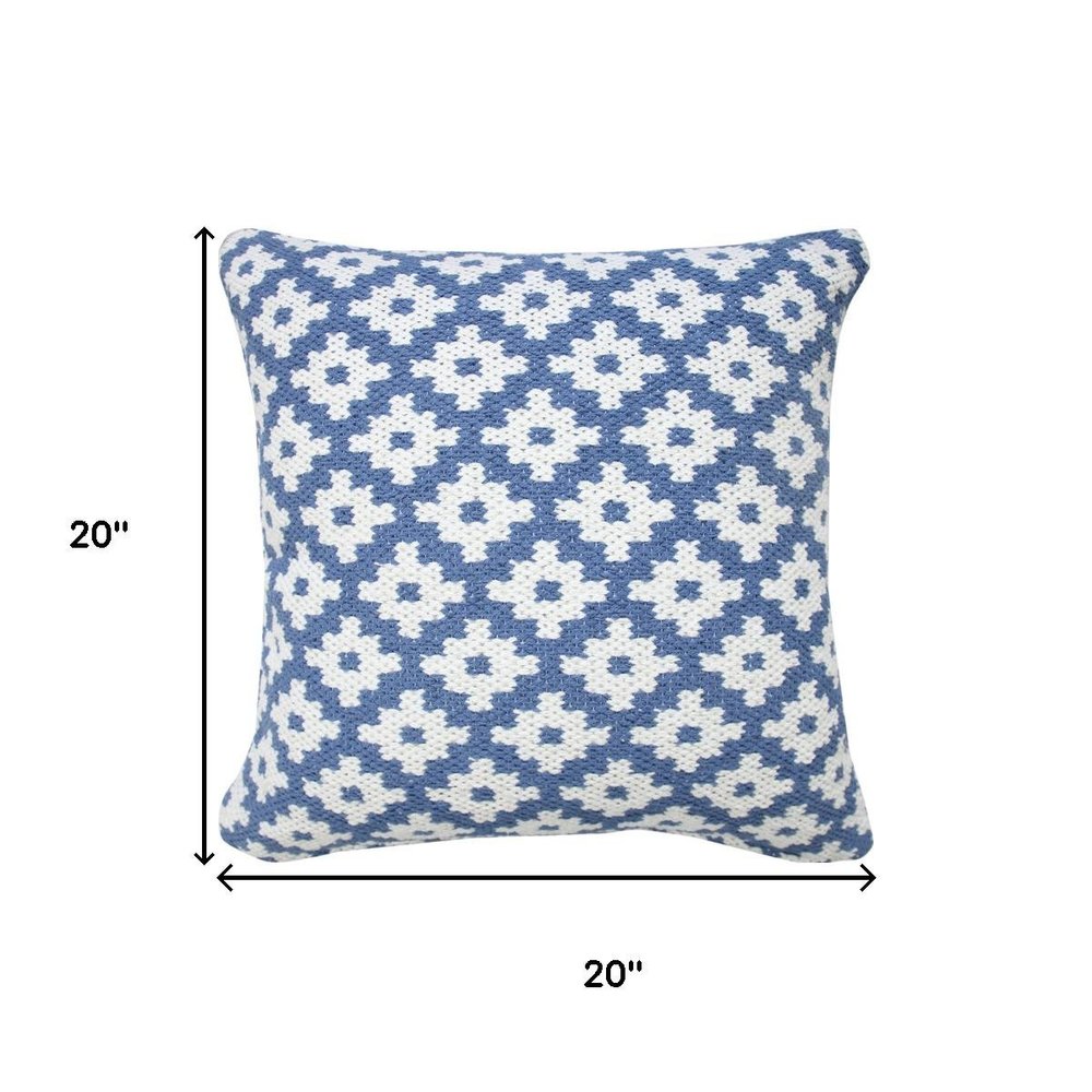 20" Blue And White Diamond Cotton Blend Throw Pillow Cover