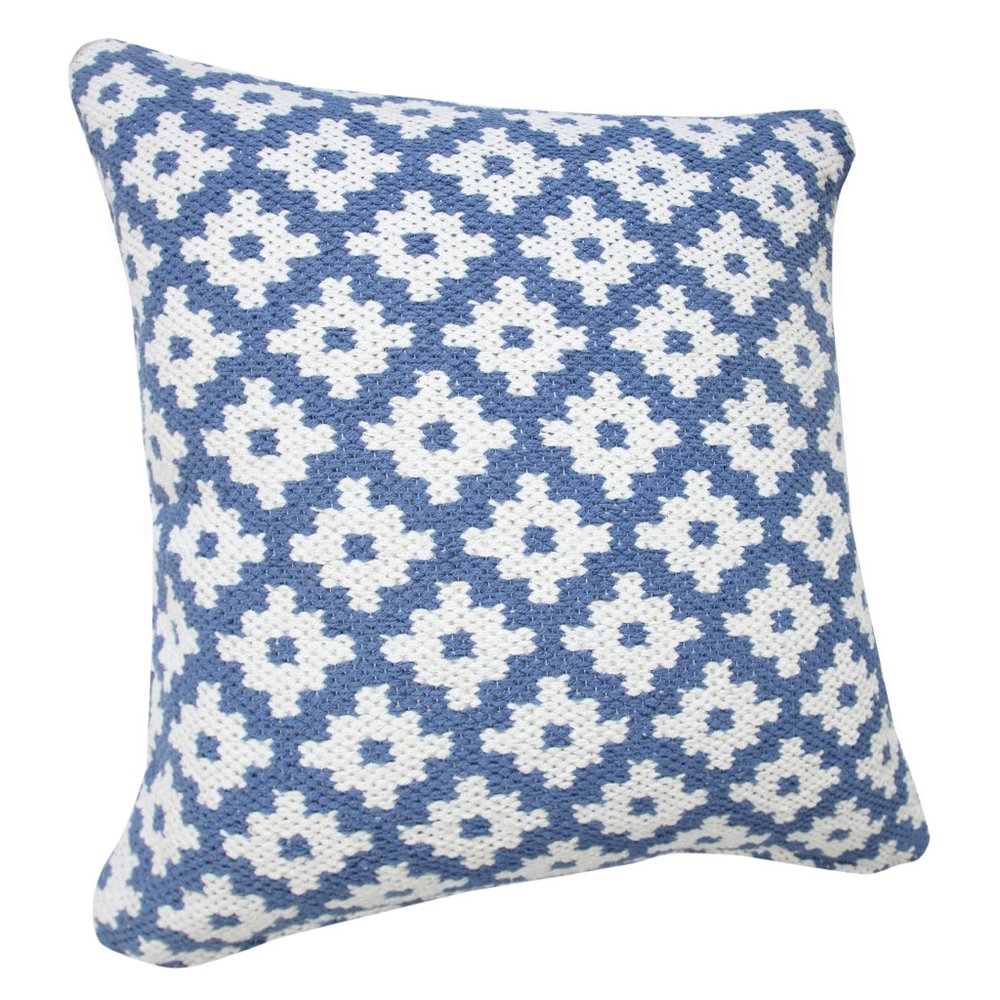 20" Blue And White Diamond Cotton Blend Throw Pillow Cover