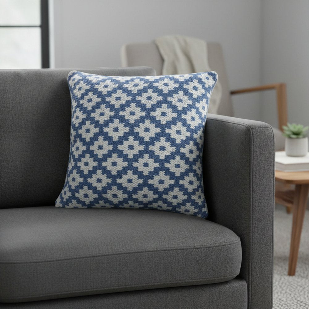 20" Blue And White Diamond Cotton Blend Throw Pillow Cover