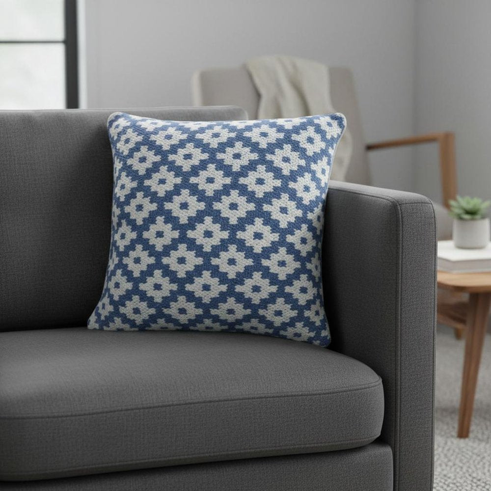 20" Blue And White Diamond Cotton Blend Throw Pillow Cover