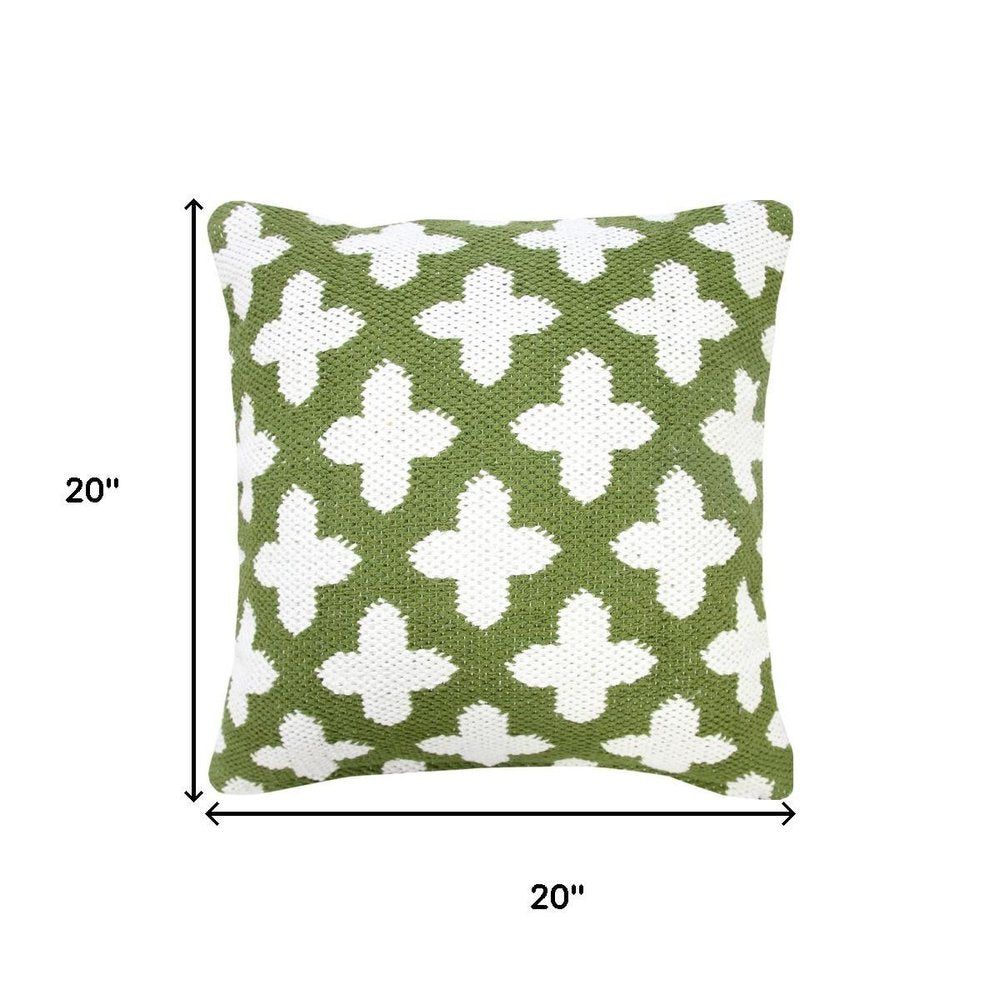20" Green And White Geometric Cotton Blend Throw Pillow Cover