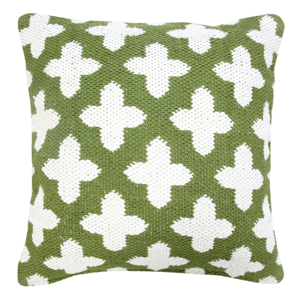 20" Green And White Geometric Cotton Blend Throw Pillow Cover