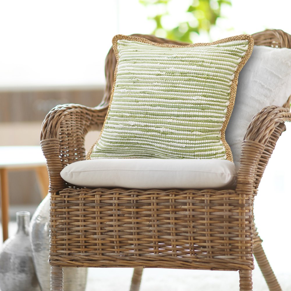 20" Green And White Beach Striped Cotton Blend Throw Pillow Cover