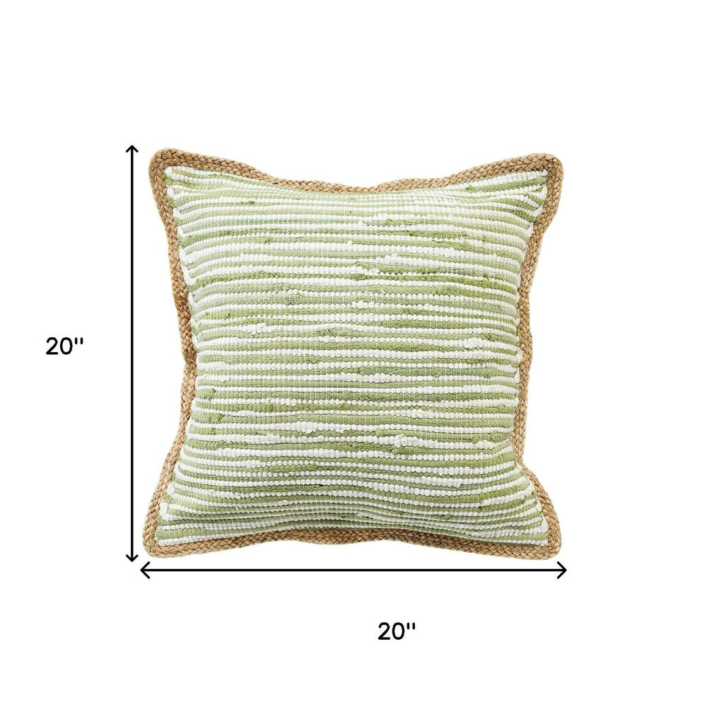 20" Green And White Beach Striped Cotton Blend Throw Pillow Cover