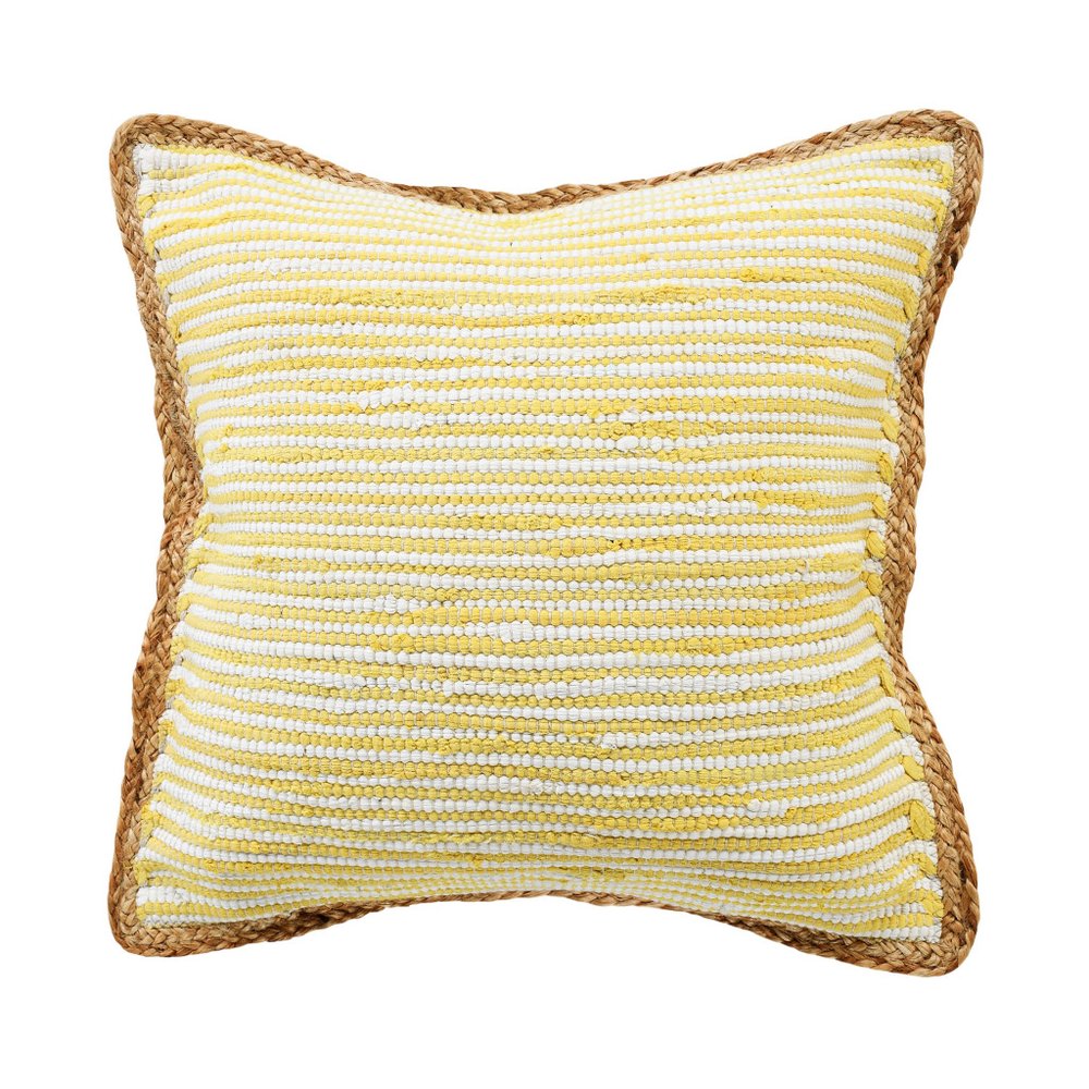 20" Yellow And White Beach Striped Cotton Blend Throw Pillow Cover