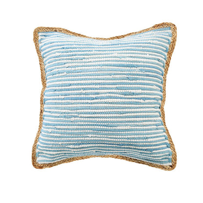 20" Blue And White Beach Striped Cotton Blend Throw Pillow Cover
