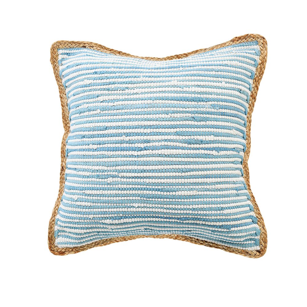 20" Blue And White Beach Striped Cotton Blend Throw Pillow Cover