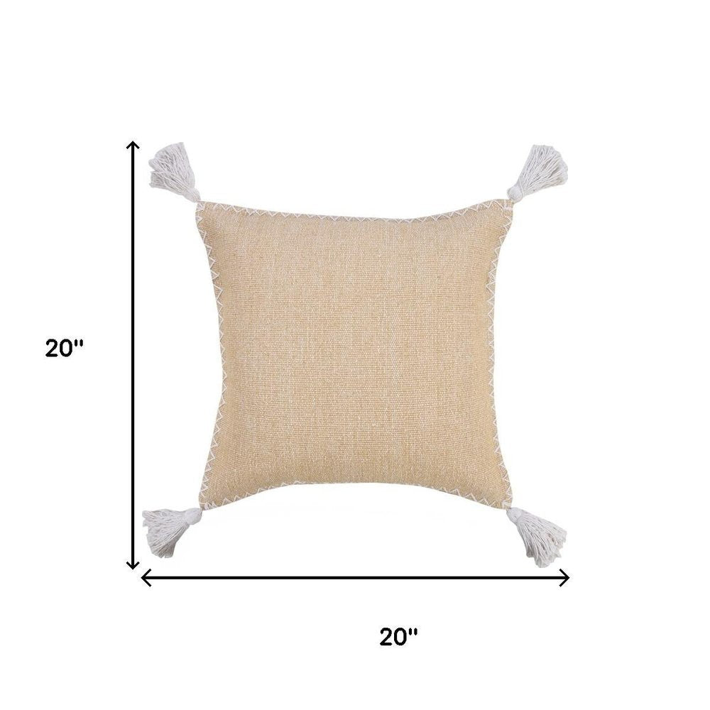 20" Tan And White Cotton Throw Pillow Cover