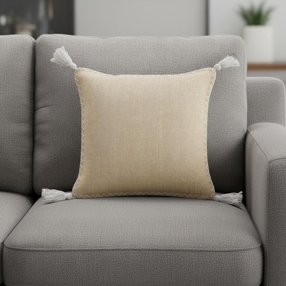 20" Tan And White Cotton Throw Pillow Cover