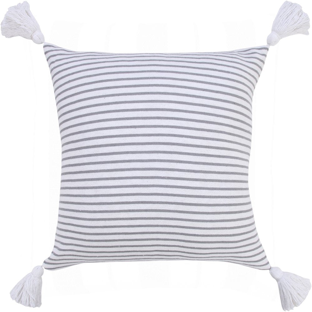 20" Gray And White Striped Cotton Throw Pillow Cover with Tassels