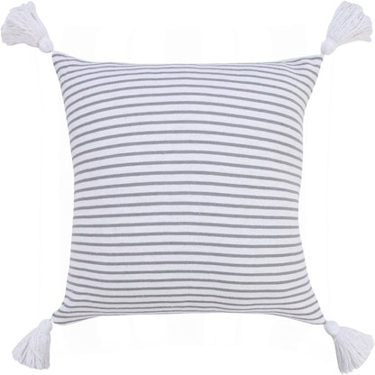 20" Gray And White Striped Cotton Throw Pillow Cover with Tassels