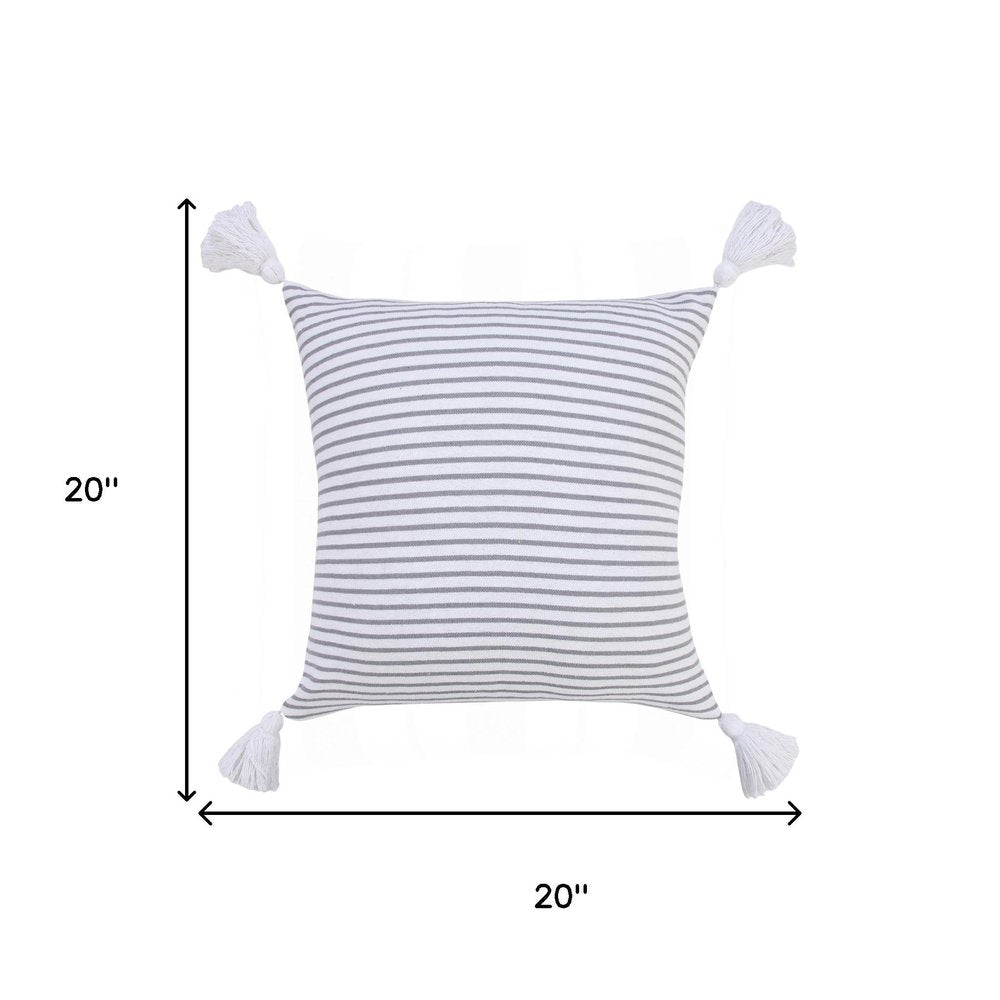 20" Gray And White Striped Cotton Throw Pillow Cover with Tassels