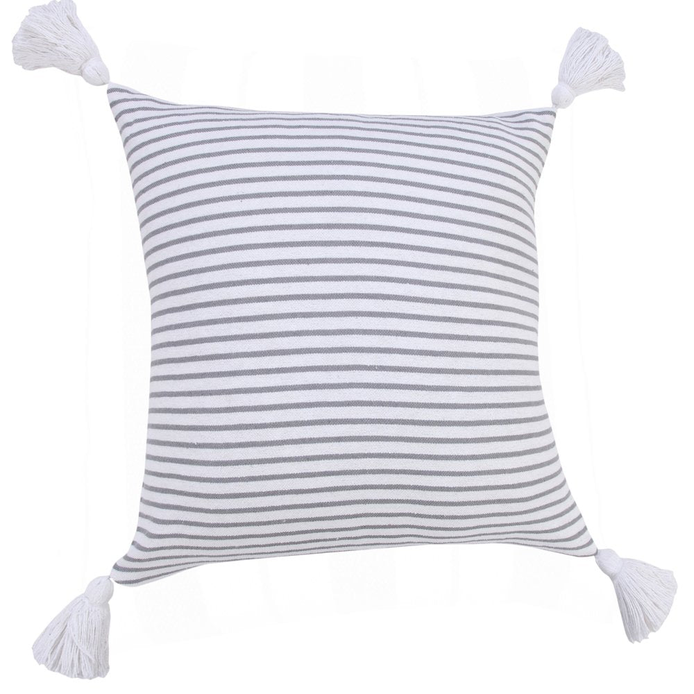 20" Gray And White Striped Cotton Throw Pillow Cover with Tassels