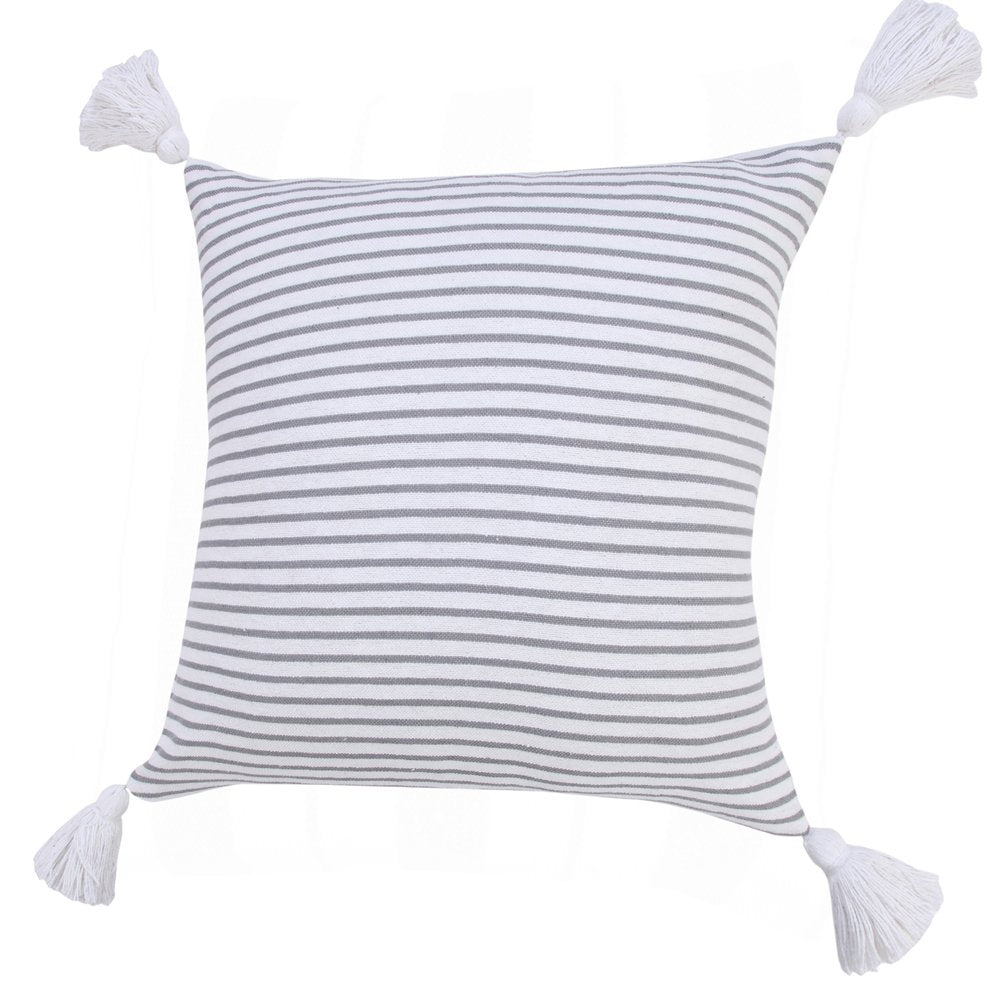 20" Gray And White Striped Cotton Throw Pillow Cover with Tassels