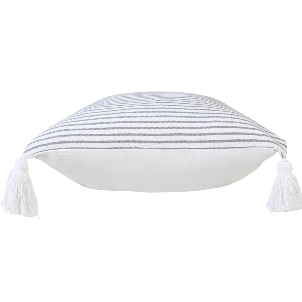 20" Gray And White Striped Cotton Throw Pillow Cover with Tassels