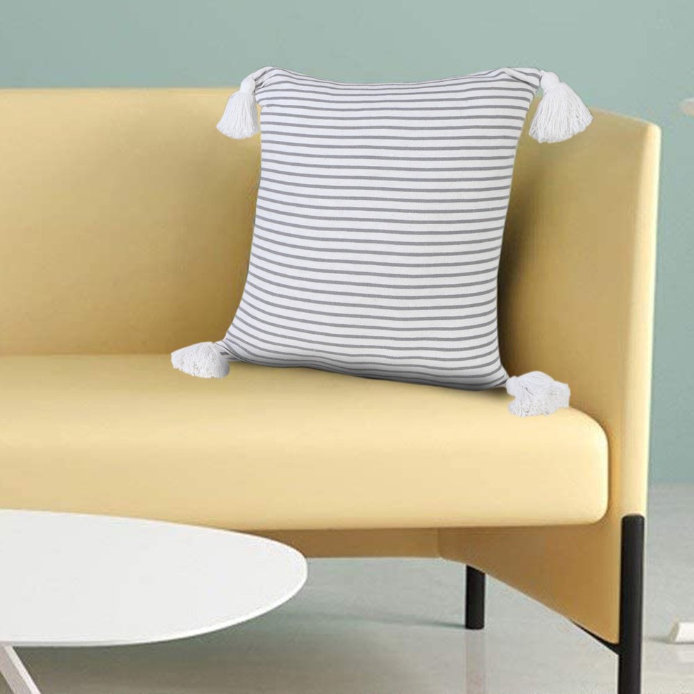 20" Gray And White Striped Cotton Throw Pillow Cover