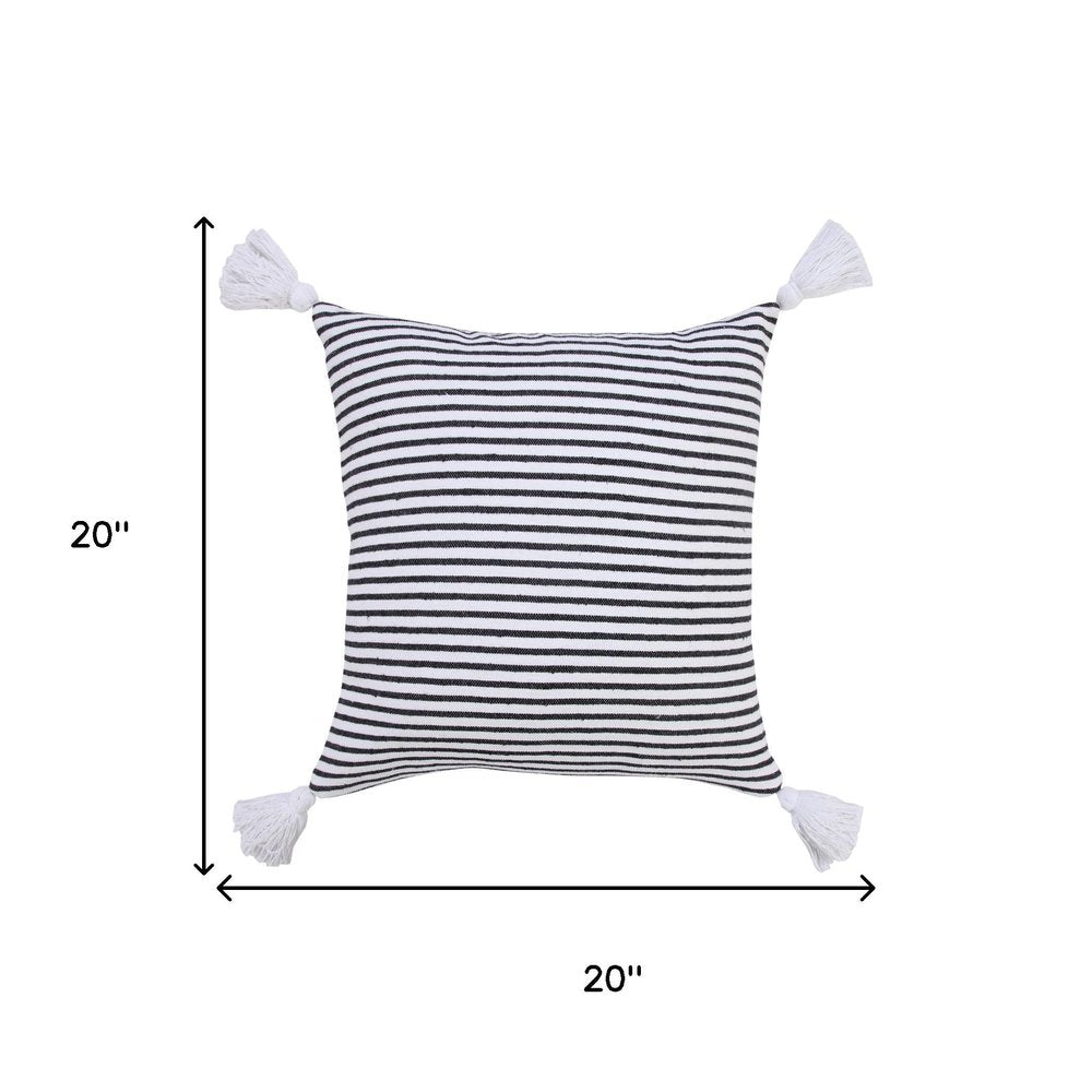 20" Black And White Striped Cotton Throw Pillow Cover with Tassels