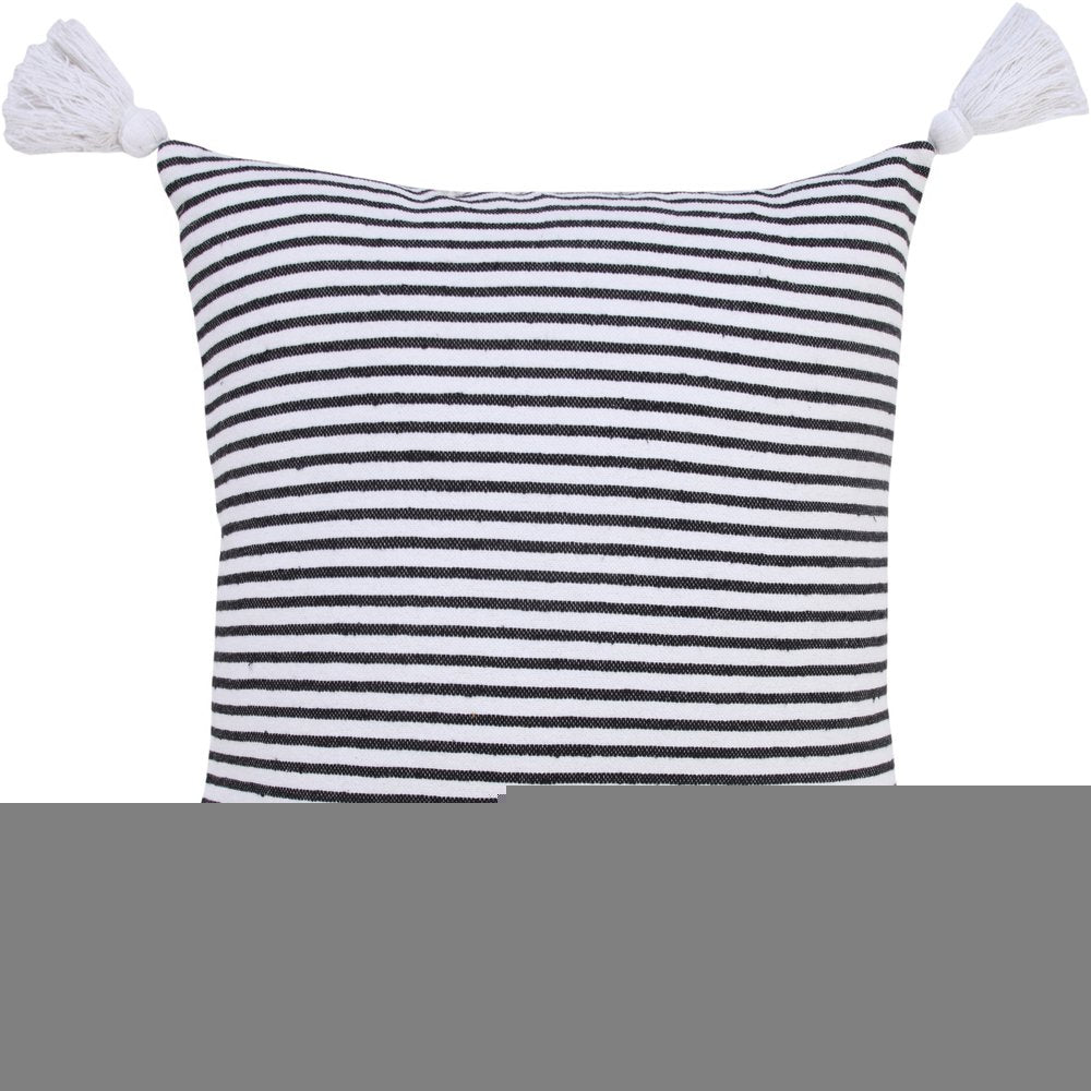 20" Black And White Striped Cotton Throw Pillow Cover with Tassels
