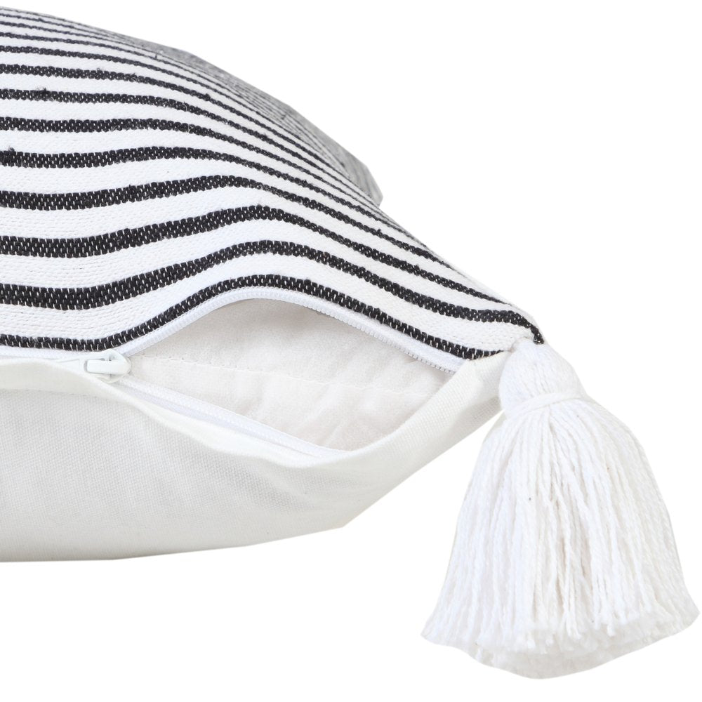 20" Black And White Striped Cotton Throw Pillow Cover with Tassels