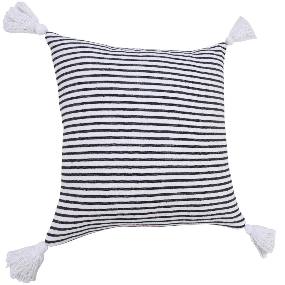 20" Black And White Striped Cotton Throw Pillow Cover with Tassels