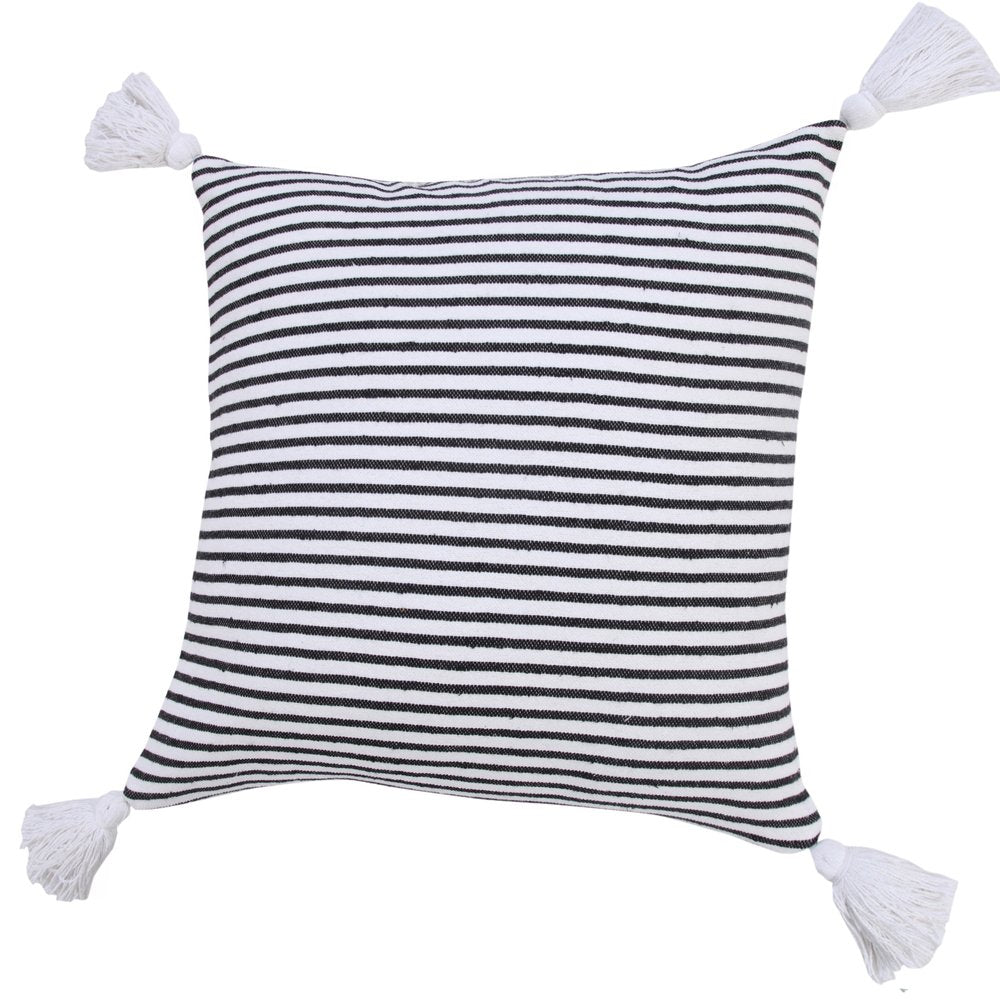 20" Black And White Striped Cotton Throw Pillow Cover with Tassels