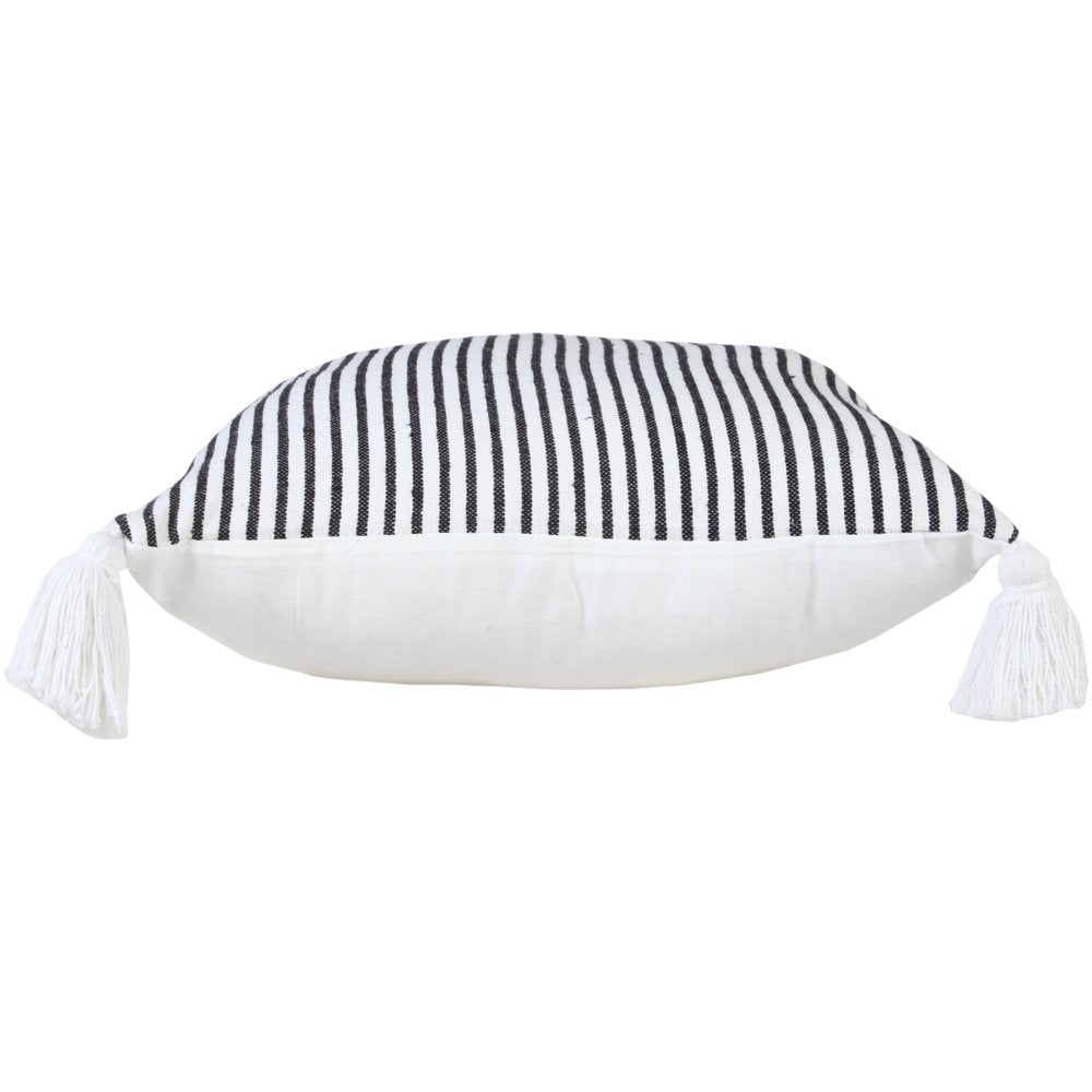 20" Black And White Striped Cotton Throw Pillow Cover with Tassels