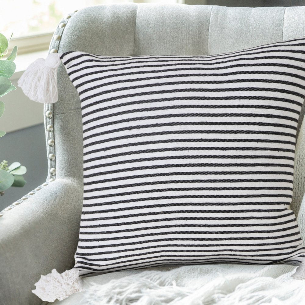 20" Black And White Striped Cotton Throw Pillow Cover