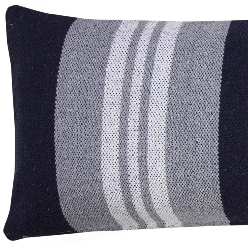 14" X 36" Gray And Blue Lumbar Striped Cotton Throw Pillow Cover
