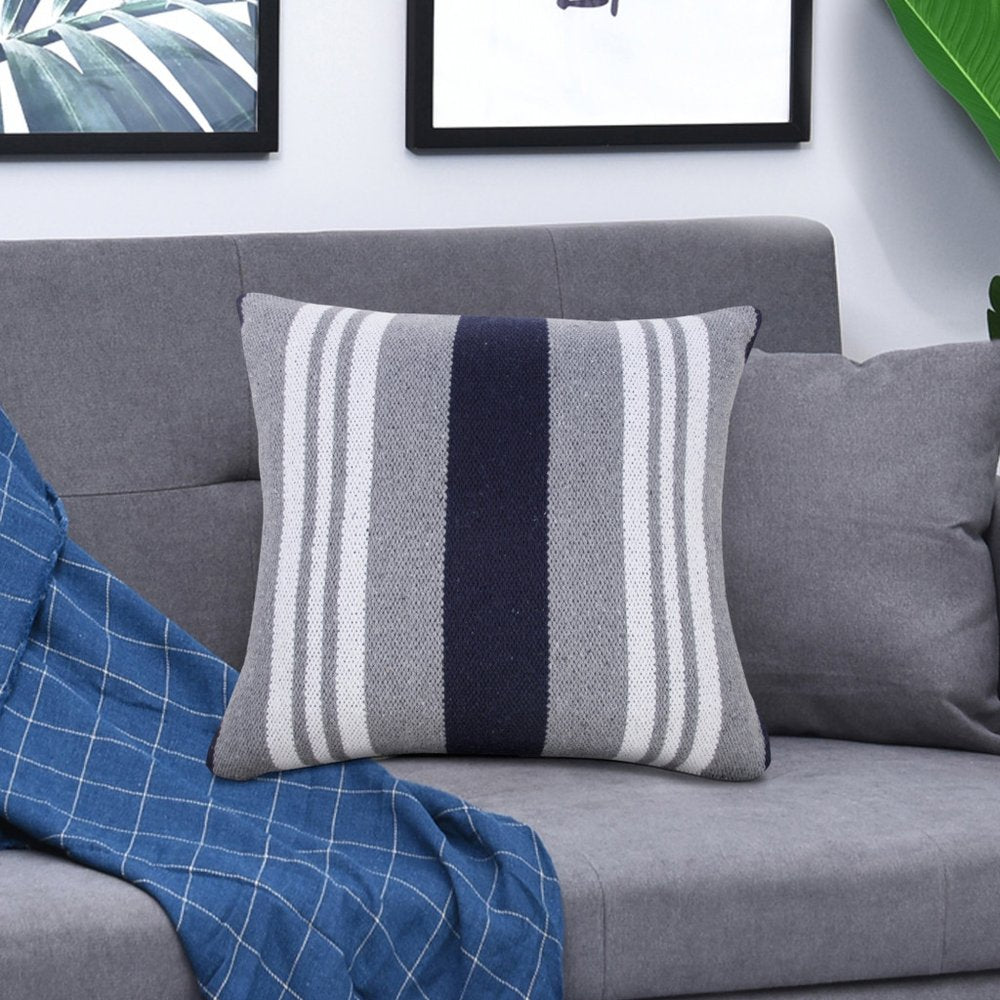 20" Gray And Blue Striped Cotton Throw Pillow Cover