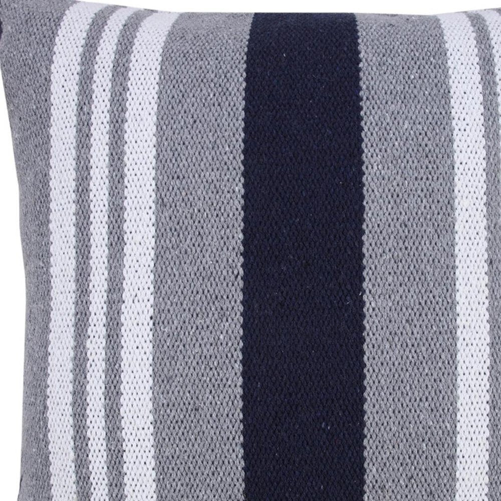 20" Gray And Blue Striped Cotton Throw Pillow Cover
