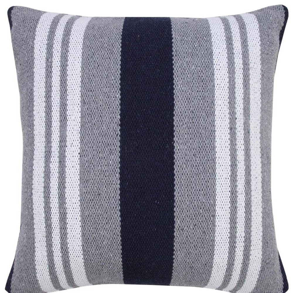 20" Gray And Blue Striped Cotton Throw Pillow Cover