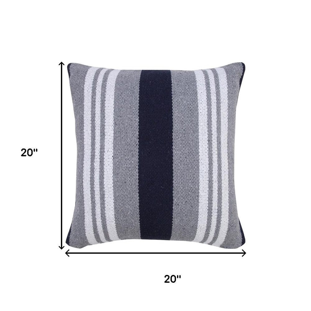 20" Gray And Blue Striped Cotton Throw Pillow Cover