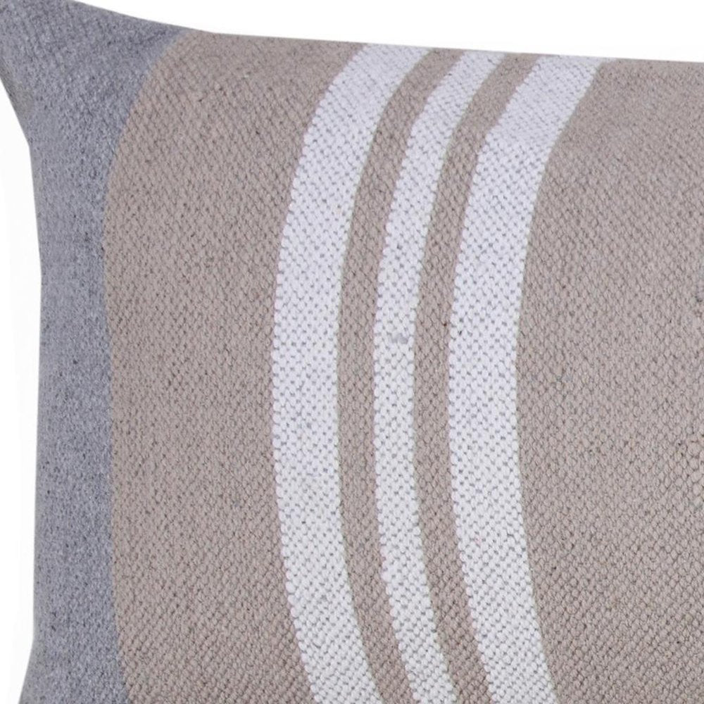 14" X 36" Gray And Beige Lumbar Striped Cotton Throw Pillow Cover