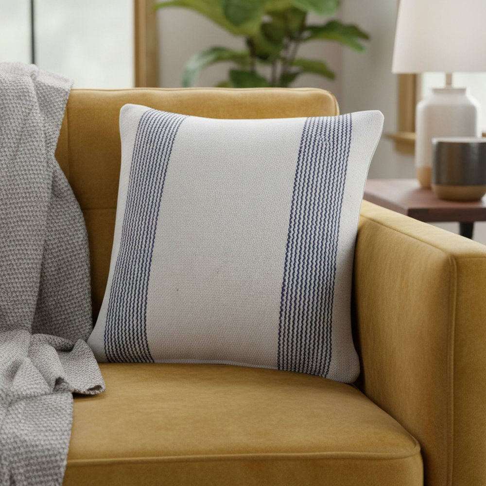 20" Blue And White Beach Striped Cotton Throw Pillow Cover