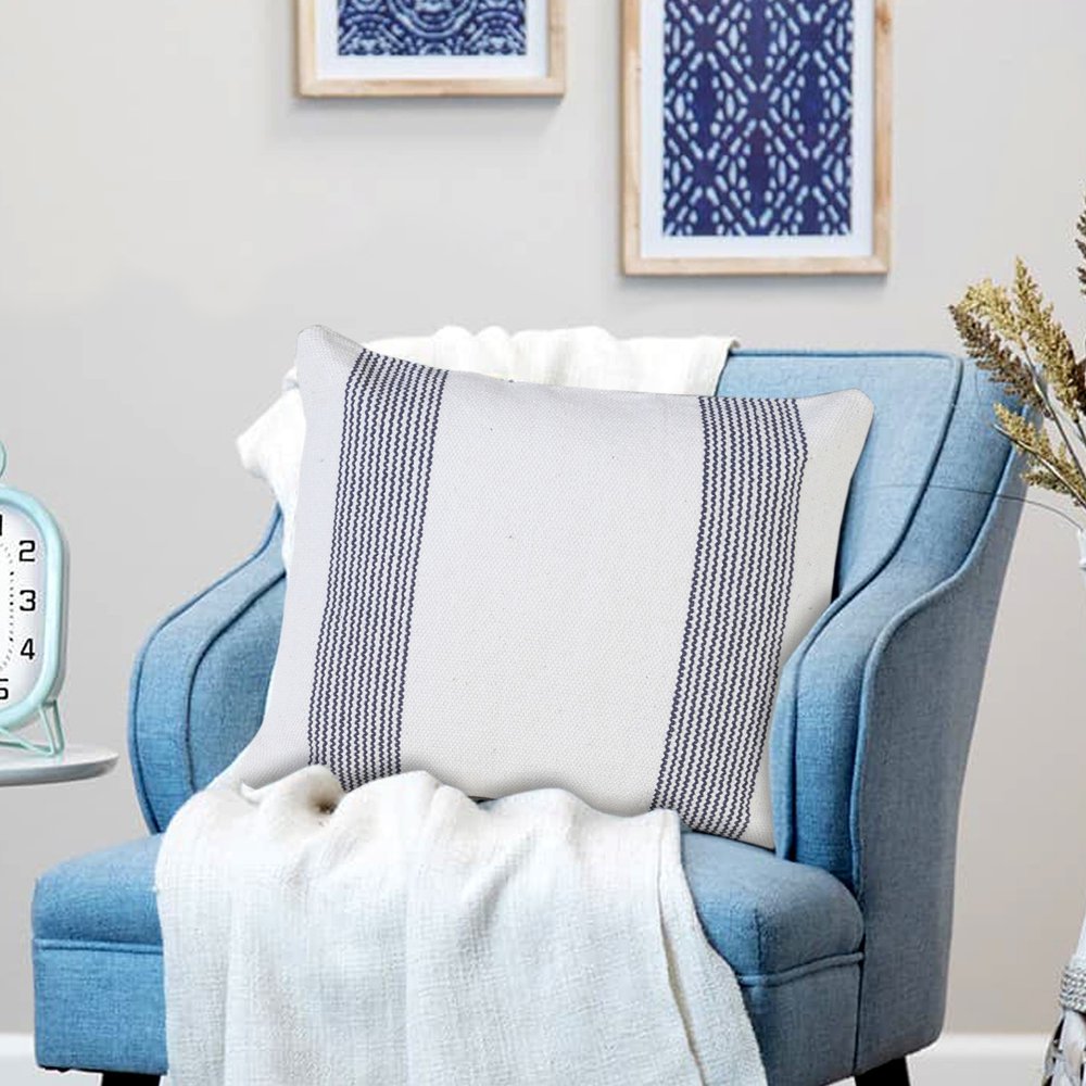 20" Blue And White Beach Striped Cotton Throw Pillow Cover