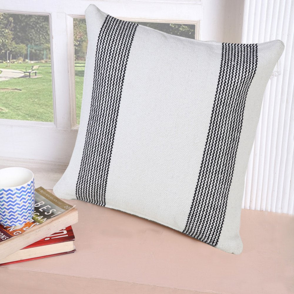 20" White And Black Beach Striped Cotton Throw Pillow Cover
