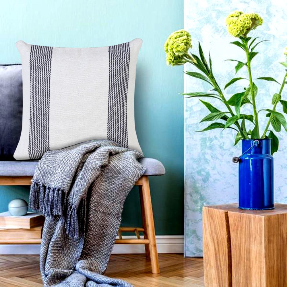 20" Blue And White Beach Striped Cotton Throw Pillow Cover