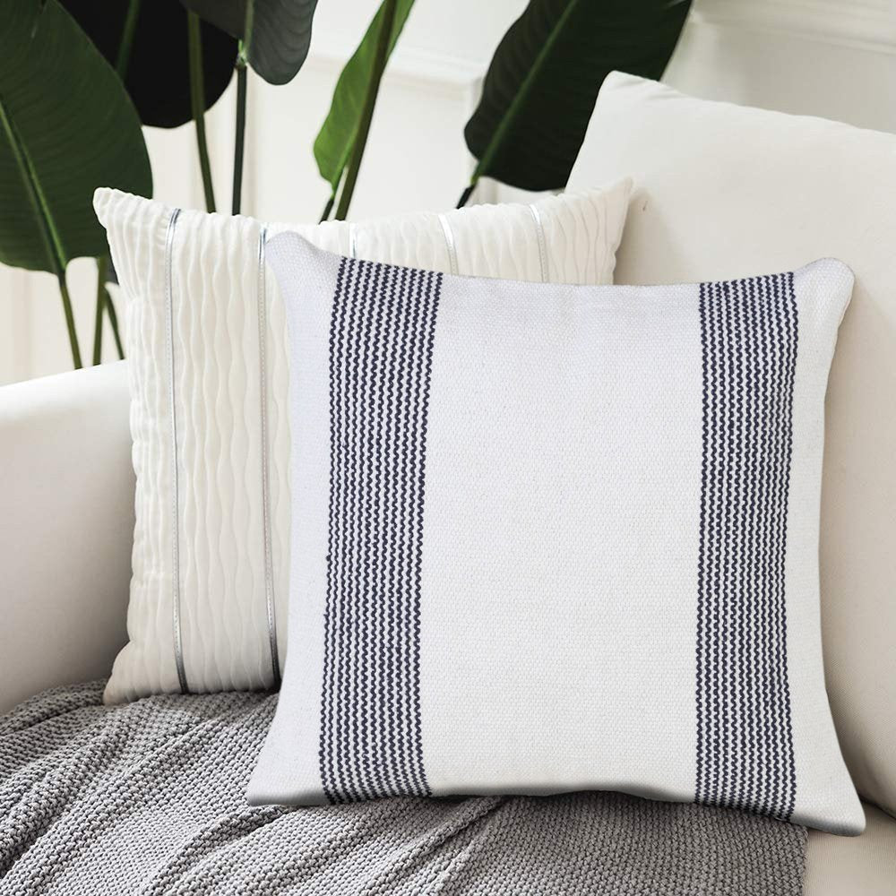 20" Blue And White Beach Striped Cotton Throw Pillow Cover