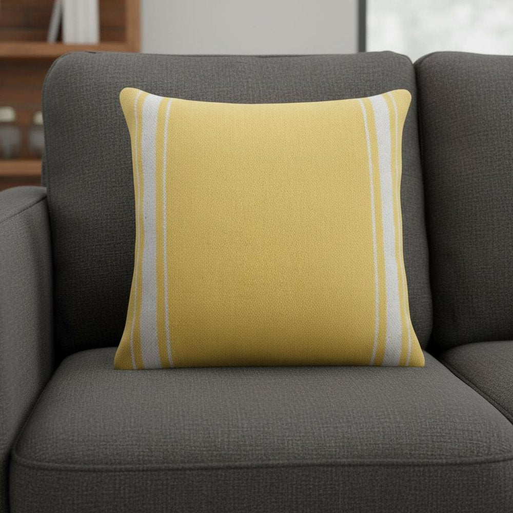 20" Yellow And White Striped Cotton Throw Pillow Cover
