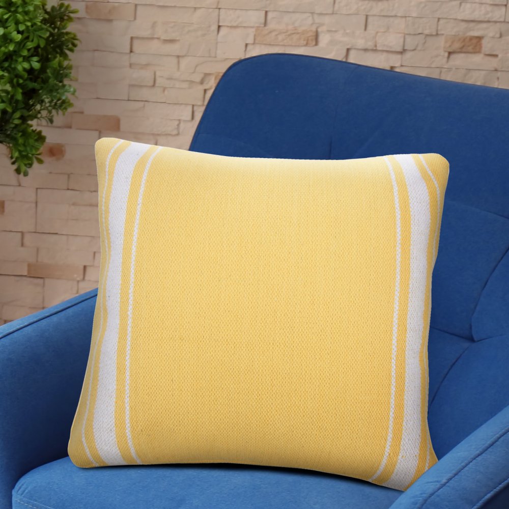 20" Yellow And White Striped Cotton Throw Pillow Cover