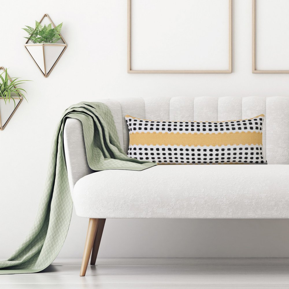 14" X 36" Yellow And Black Lumbar Striped Cotton Throw Pillow Cover